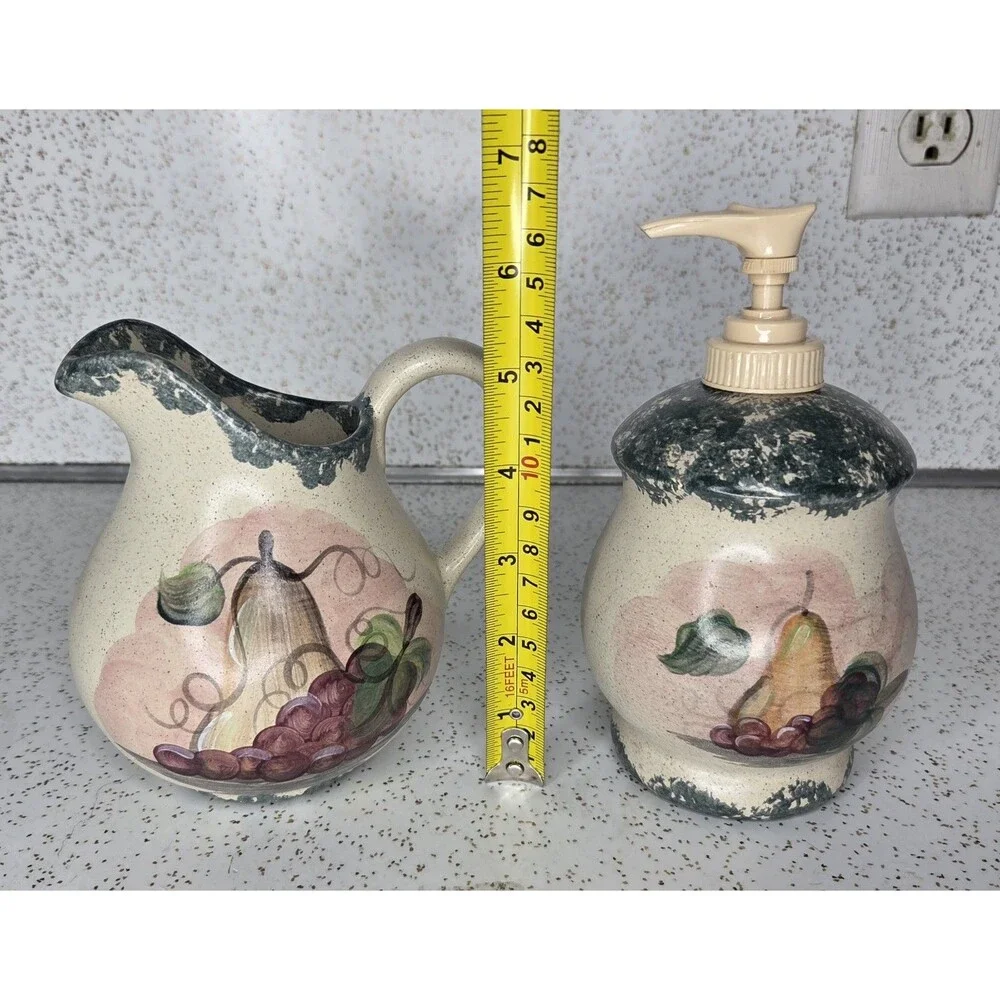 Country Crafts Pottery Spongeware Pear & Grapes Plate Pitcher Soap Dispenser Set